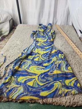 Women's 3 Piece Blue & Yellow Swirled Swim Suit With Cover-Up - S